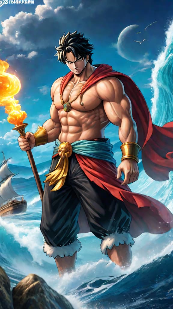  anime art: pluton, poseidon, uranus tapping into ancient energy from one piece's mysterious past. hyperrealistic, full body, detailed clothing, highly detailed, cinematic lighting, stunningly beautiful, intricate, sharp focus, f/1. 8, 85mm, (centered image composition), (professionally color graded), ((bright soft diffused light)), volumetric fog, trending on instagram, trending on tumblr, HDR 4K, 8K