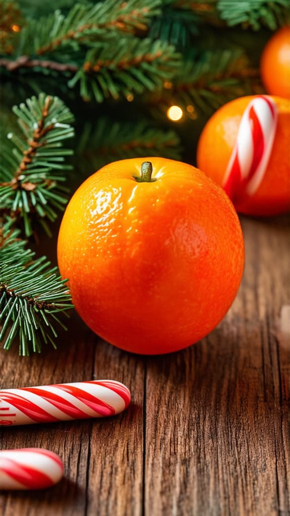  food gourmet photography style, tangerines with candy canes lie on the table decorated with a garland with small lanterns and spruce branches ar 9:16, appetizing, professional, culinary, high resolution, commercial, highly detailed ,soft natural lighting, macro details, vibrant colors, fresh ingredients, glistening textures, bokeh background, styled plating, wooden tabletop, garnished, tantalizing, editorial quality