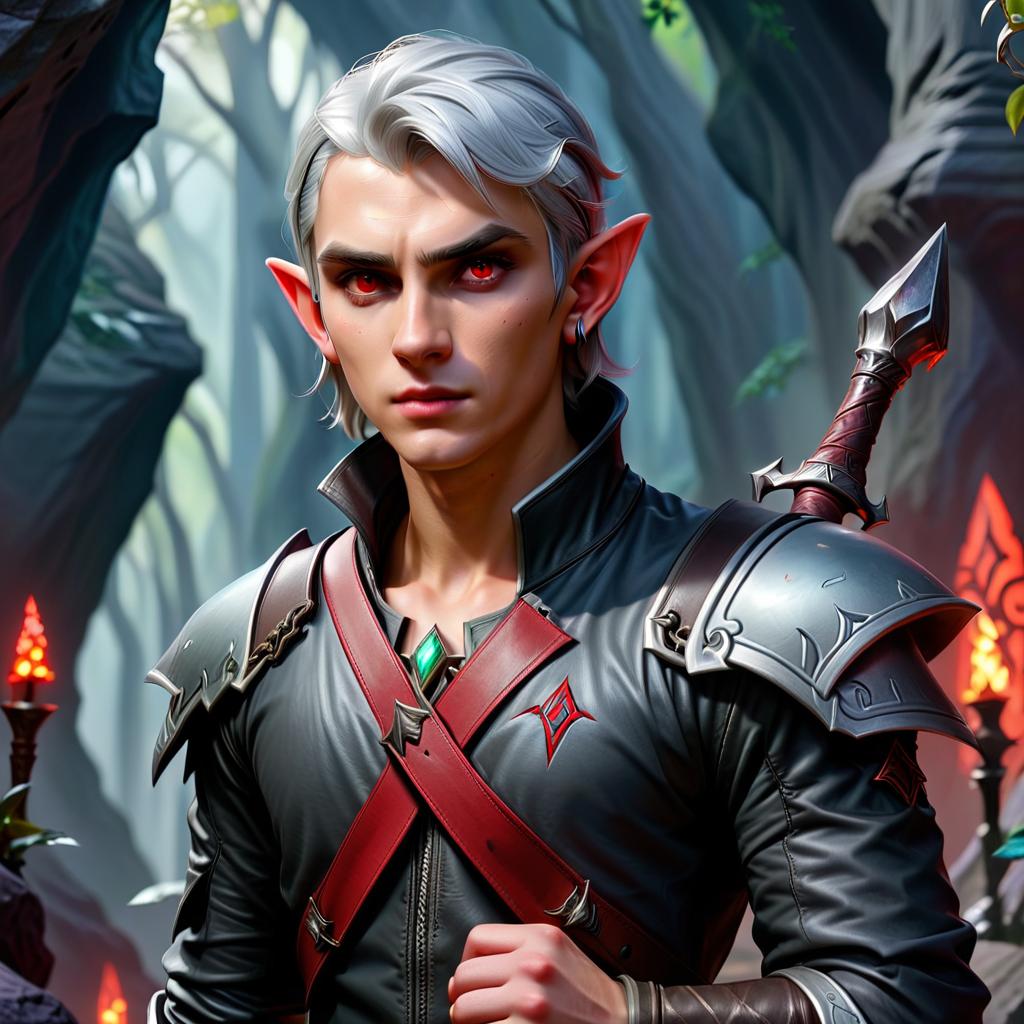  ethereal fantasy concept art of drow male elf cleric, dark grey graphite color skin, red eyes, silver medium haircut, black leather jacket, iron battle mace, impudent arrogant rude expression, traveler shoulder bag, half body view, dark cave temple . magnificent, celestial, ethereal, painterly, epic, majestic, magical, fantasy art, cover art, dreamy, civitai