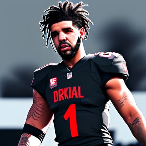  I need NFL football player, Drake London, looking like a werewolf in a football stadium with a very dark and eerie background. His jersey number should be five and the jersey should be black in colour with red trim and the name London on it.