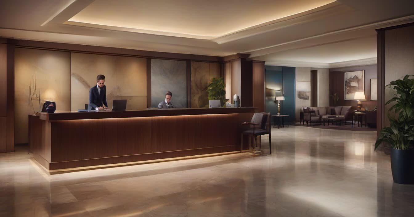  hyperrealistic art lobby of a modern hotel, there's a laptop on the desk, two managers at the front desk. beautiful interior lighting. . extremely high resolution details, photographic, realism pushed to extreme, fine texture, incredibly lifelike