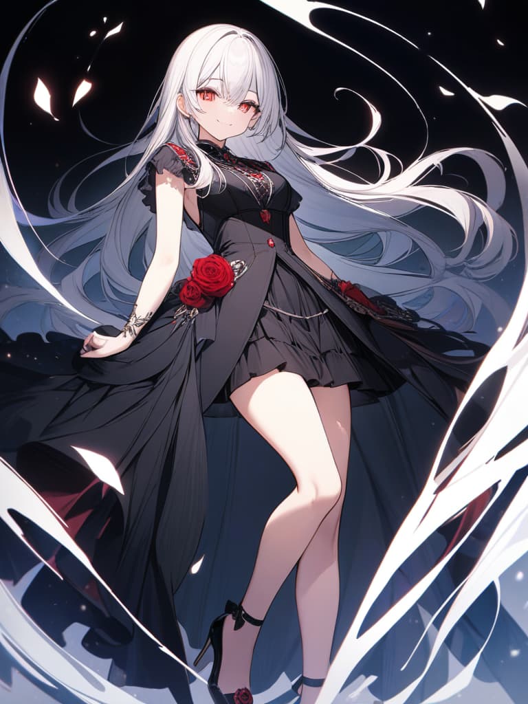  big s, whole body, white hair, super long long hair, smiling, beautiful , red eyes, black wings, pin heels, beautiful s, spells, masterpiece, best quality,8k,ultra detailed,high resolution,an extremely delicate and beautiful,hyper detail