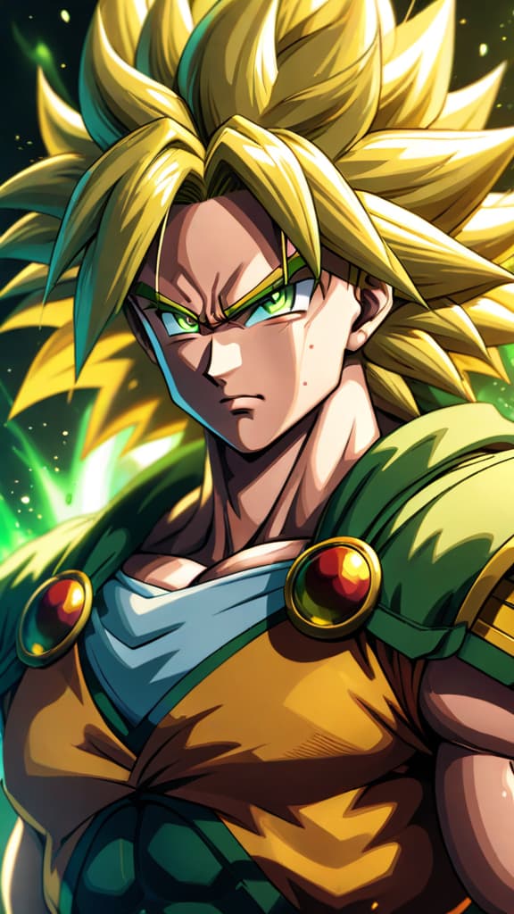  broly from dragon ball, golden hair, emerald green eyes, raging inferno aura, energy crackling, anime art hyperrealistic, full body, detailed clothing, highly detailed, cinematic lighting, stunningly beautiful, intricate, sharp focus, f/1. 8, 85mm, (centered image composition), (professionally color graded), ((bright soft diffused light)), volumetric fog, trending on instagram, trending on tumblr, HDR 4K, 8K