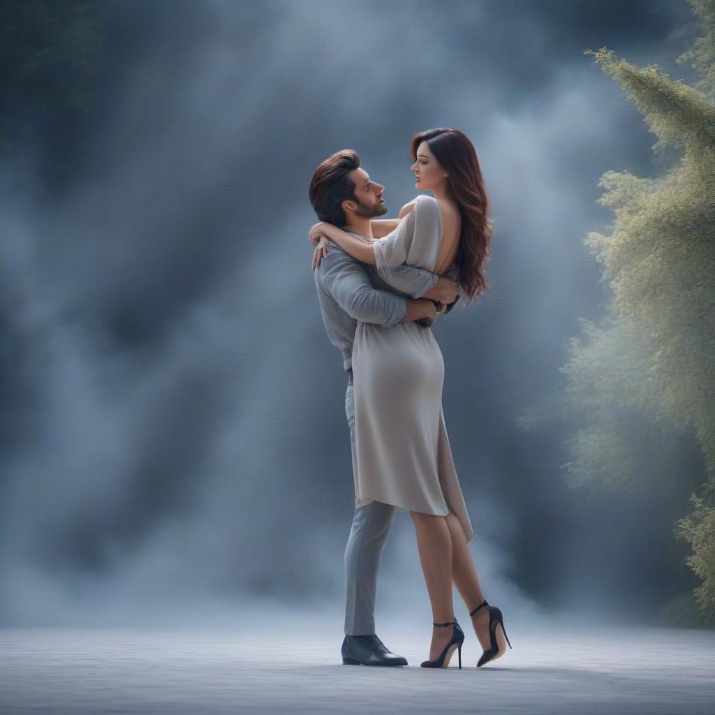  A man hugs a woman hyperrealistic, full body, detailed clothing, highly detailed, cinematic lighting, stunningly beautiful, intricate, sharp focus, f/1. 8, 85mm, (centered image composition), (professionally color graded), ((bright soft diffused light)), volumetric fog, trending on instagram, trending on tumblr, HDR 4K, 8K