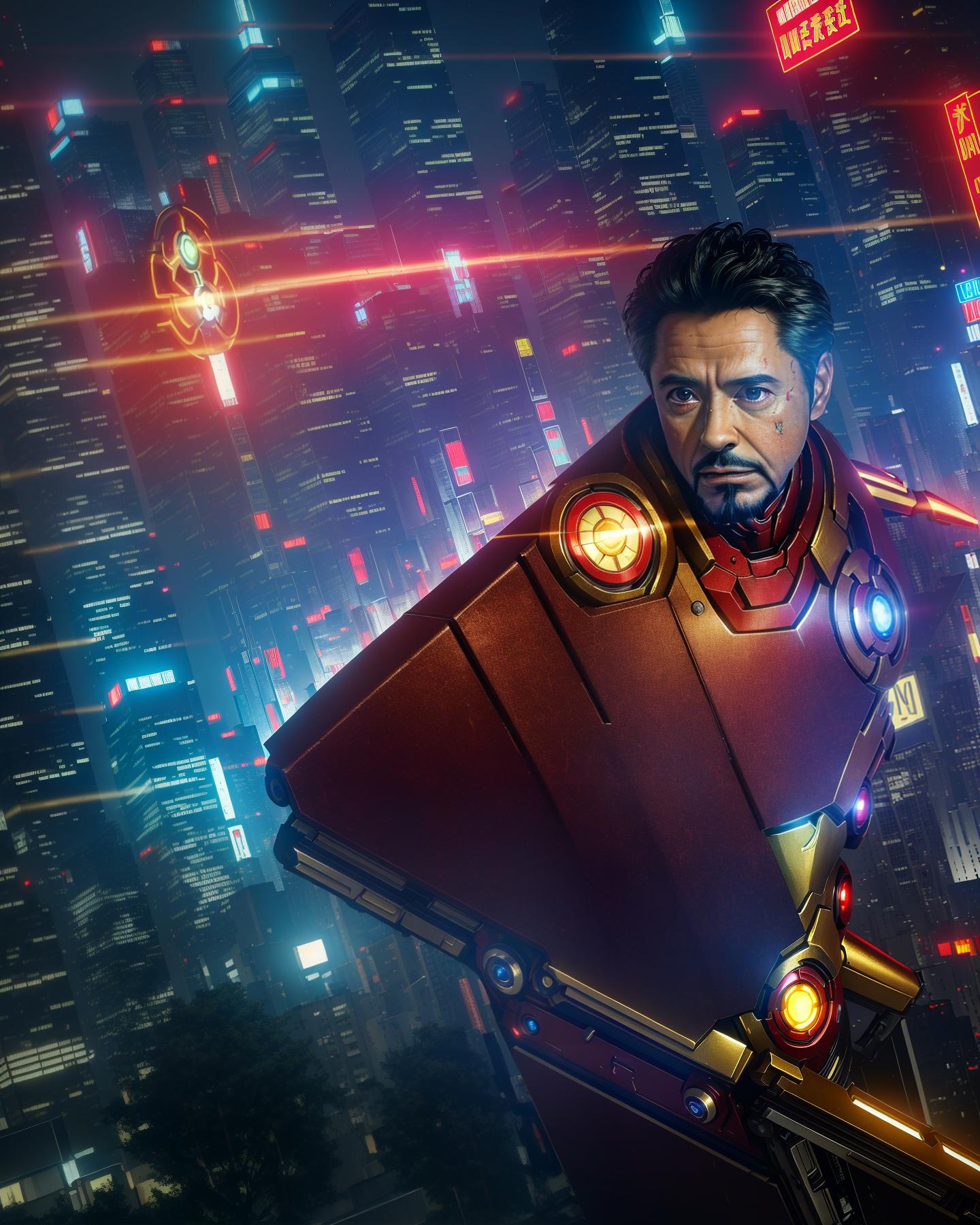  masterpiece, best quality, best quality, masterpiece, 8k resolution, realistic, highly detailed, close up of iron man. in a cyberpunk style night scene of the city, he stands on a street lined with tall buildings. the city's night lights are bright, the surrounding buildings and streets are filled with cyberpunk elements such as neon lights, high tech devices, and futuristic architectural designs.