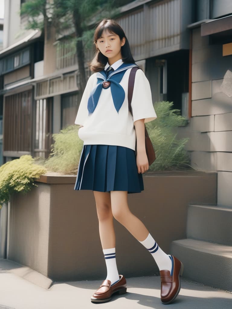  (japanese junior high school student,girl),wearing sailor suit & baggy socks,brown loafers,full body,in town,