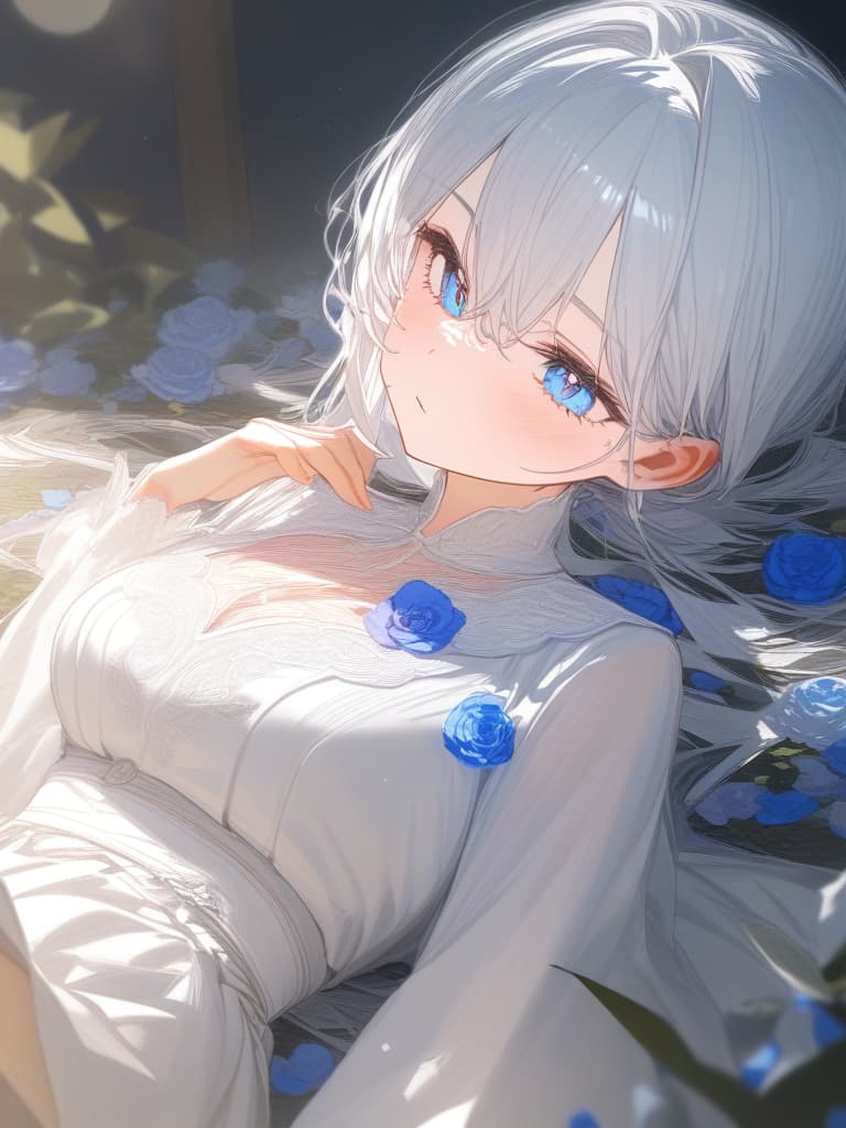  white dress, white hair long, light blue eyes, light blue flowers, masterpiece, best quality,8k,ultra detailed,high resolution,an extremely delicate and beautiful,hyper detail