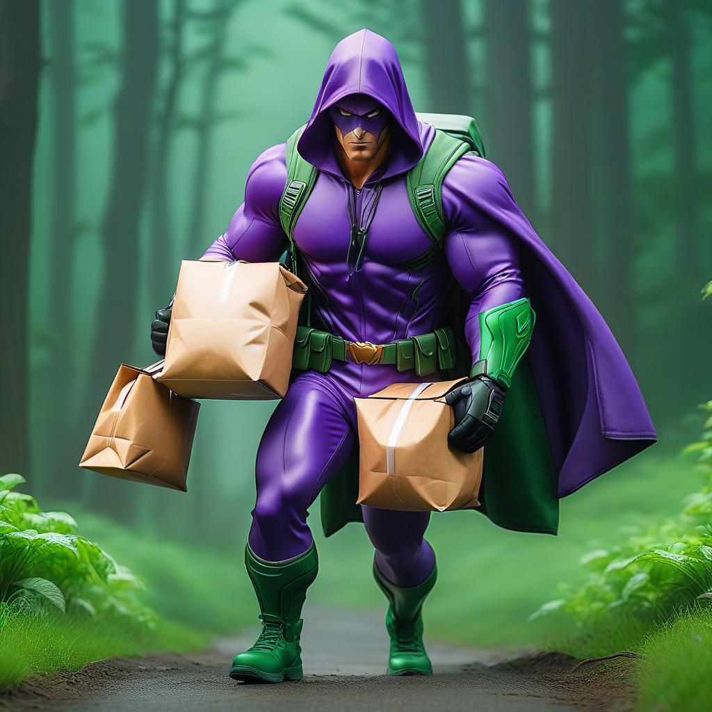  a superhero purple hood with a backpack brought a package on a green background, hkmagic hyperrealistic, full body, detailed clothing, highly detailed, cinematic lighting, stunningly beautiful, intricate, sharp focus, f/1. 8, 85mm, (centered image composition), (professionally color graded), ((bright soft diffused light)), volumetric fog, trending on instagram, trending on tumblr, HDR 4K, 8K