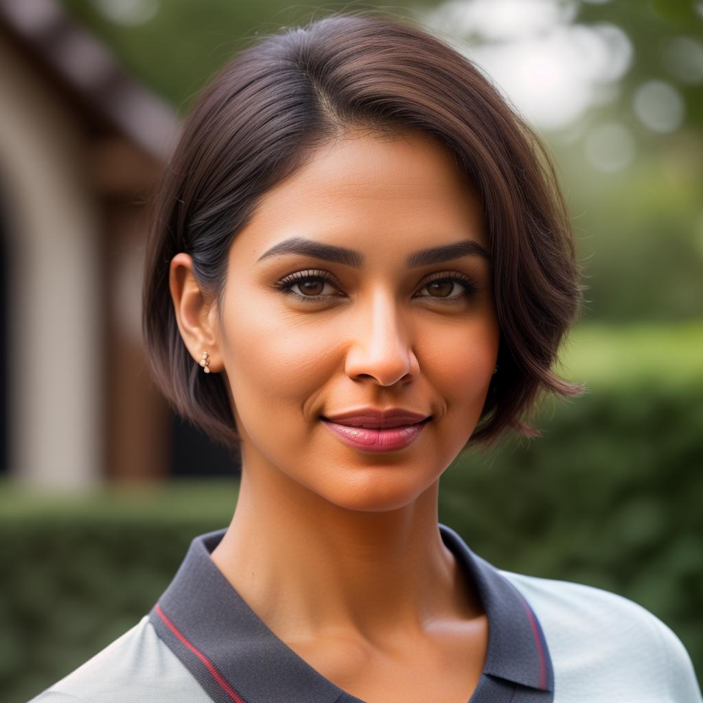  (((realistic full torso frontal head shot of a light brown to medium brown skin tone woman))), gita nisha sumanian, ((indian heritage)), immature face, hazel eye color, ((short hair style)), (( hair color)), (( body type)), small size, small size, (immature straight nose), (immature prominent cheekbones), (immature smooth jawline), (immature full lips), (immature broad forehead), (immature even eyebrows), (immature dimpled chin), standing straight looking directly into the camera,((wearing fitted polo shirt with deep v neck and monogrammed pocket)), backyard in background, 1girl, best quality, highest quality, award winning photo, masterpiece, raw, professional photography, photorealism, sharp focus, cinema hyperrealistic, full body, detailed clothing, highly detailed, cinematic lighting, stunningly beautiful, intricate, sharp focus, f/1. 8, 85mm, (centered image composition), (professionally color graded), ((bright soft diffused light)), volumetric fog, trending on instagram, trending on tumblr, HDR 4K, 8K