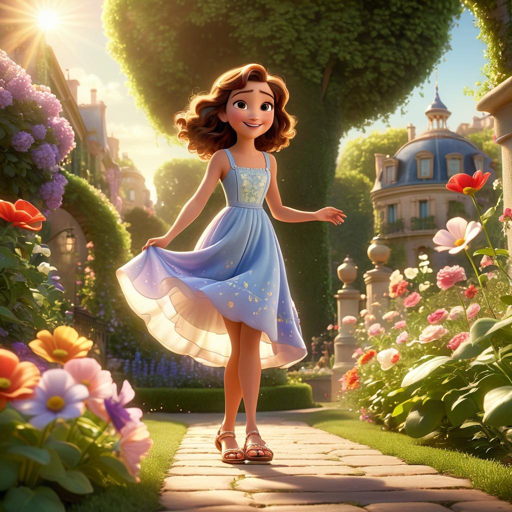  in 3d animated movie style. disney pixar style. paris, a old in a flowy sundress and sparkly sandals, touches soft flower petals in a lush garden under gentle afternoon sunlight. high resolution pixar 3d style with warm lighting showcases her joyful expression and vint surroundings from a low angle, emphasizing wonder and magic.