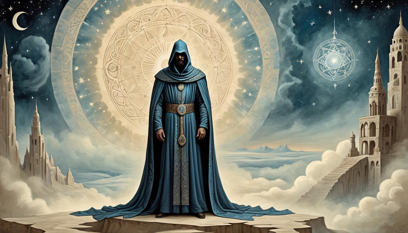  on parchment, surrealism+++, mysterious robed figure, intricate patterns on garment, standing in front of celestial backdrop, aura of destiny(mysterious, provocative, symbolic,muted color)+++