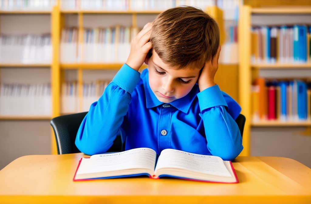  a primary school child sits at a table in front of notebooks and holds his head, tired of studying ar 3:2 {prompt}, maximum details