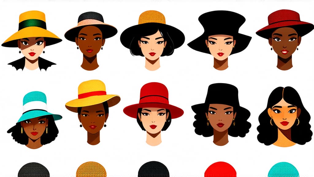  flat illustration, flaticon, (illustration:1.15), different beauty. set of different female heads in hats. different races and nationalities. colored hand drawn illustration ar 16:9, [cory loftis, strobist, pascal campion :: 0.2]