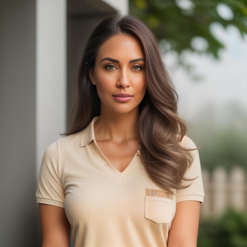  (((realistic full torso frontal head shot of a light beige to medium tan skin tone woman))), mira olivia schubert, ((caucasian heritage)), immature face, blue eye color, ((long hair style)), (( hair color)), (( body type)), big size, small size, (immature small rounded nose), (immature prominent jawline), (immature thin lips), (immature narrow forehead), (immature defined cheekbones), (immature eyebrows), (immature cleft chin), standing straight looking directly into the camera,((wearing fitted polo shirt with deep v neck and monogrammed pocket)), backyard in background, 1, best quality, highest quality, award winning photo, masterpiece, raw, professional photography, photorealism, sharp focus, cinem hyperrealistic, full body, detailed clothing, highly detailed, cinematic lighting, stunningly beautiful, intricate, sharp focus, f/1. 8, 85mm, (centered image composition), (professionally color graded), ((bright soft diffused light)), volumetric fog, trending on instagram, trending on tumblr, HDR 4K, 8K