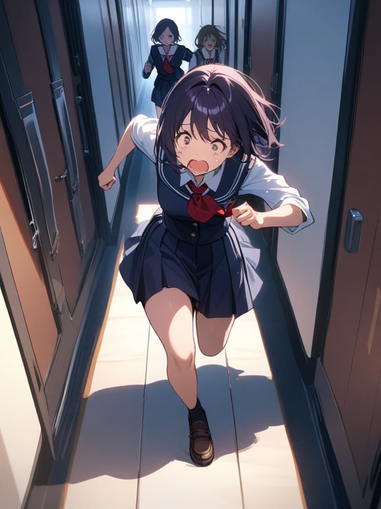  ultra detailed:1.2,masterpiece:1.2,best quality,masterpiece,bestquality,hdr:1.1,8k:1.1,very cute girl:1.3,(dark purple hair:1.3)(black school uniform,red ascot:1.4)((from front,full body:1.4))((running at school:1.6)),(scared,tears:1.3),(being chased by zombies:1.4)((school hallway:1.7))(from above:1.2)