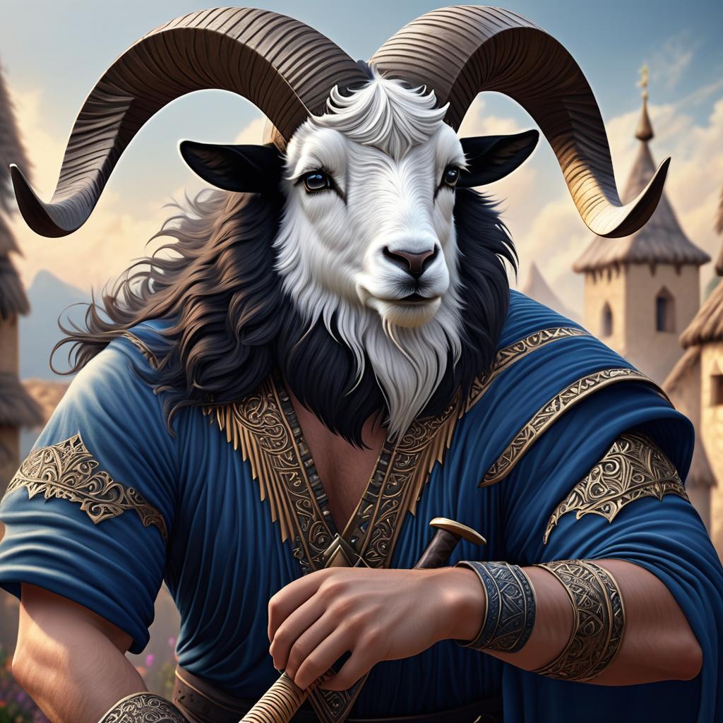  dark haired white skinned charming man goat bard that plays the pan flute and wields a magical sword. the satyr appears clean and educated. photo realistic, highly intricate and detailed, masterpiece, ultra high res,photography,8k resolution