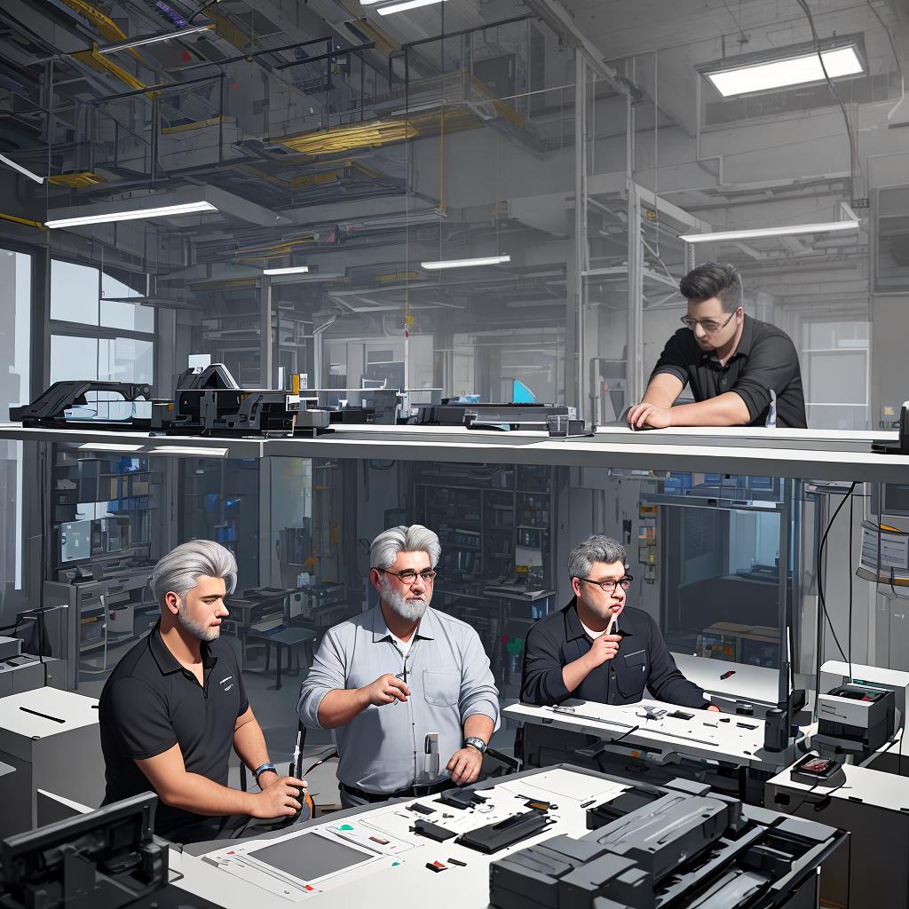  masterpiece, best quality, Best Quality, Masterpiece, 8k resolution,high resolution concept art of it repair shop called 'Roca Systems' with two engineers fixing the printers, one of them is grey haired and other one is quite chubby, they helping each other