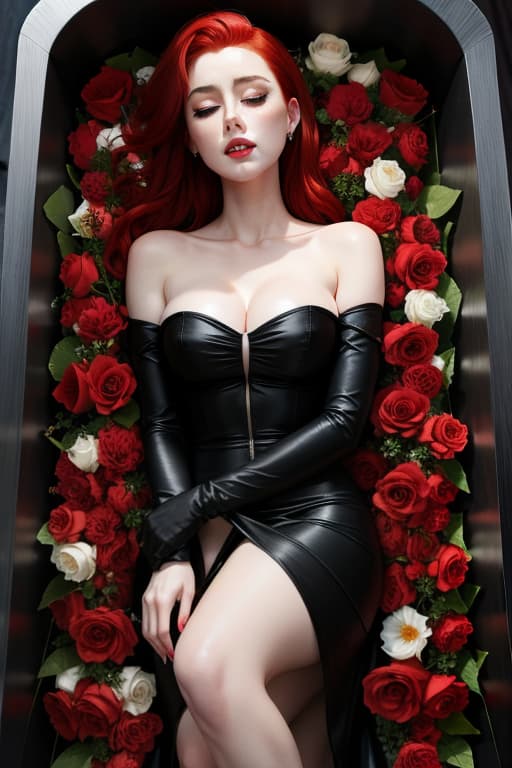  Amber Heard pale skin ((bright red hair)) Black dress in a coffin, eyes closed, beautiful, white and black flowers