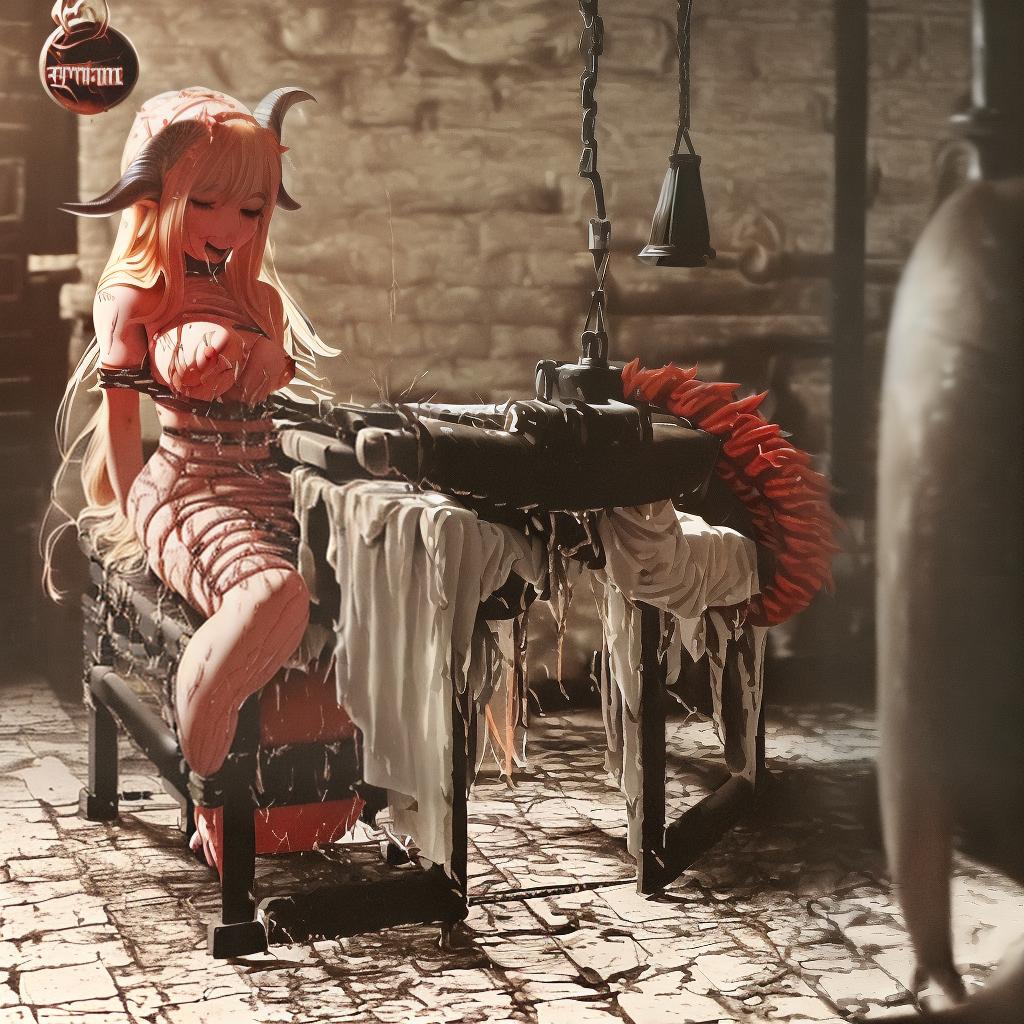  masterpiece, best quality, graphic design of a dingy, filthy dungeon, dimly lit torture table in a sinister dungeon, surrounded by creepy tools and rusty impements, chained by her ankle to a chair in the middle of the dungeon looking at the viewer, is a (((very aroused))), (((red-skinned))) beautiful european woman (((((naked))))) with (((large round breasts))) (((small hard nipples))), and long blonde hair. She is a red devil and has long curved goat horns. (((large goat horns))), ((((((bright skin)))))), she loves being chained, (((((((((she is clearly aroused)))))))))