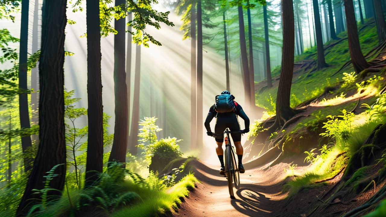  a rugged mountain trail with steep drops, loose rocks, and sharp turns. a cyclist in mid action, wearing protective gear, navigating through dense forest with sunlight filtering through trees, showcasing potential hazards and thrilling adventure. hyperrealistic, full body, detailed clothing, highly detailed, cinematic lighting, stunningly beautiful, intricate, sharp focus, f/1. 8, 85mm, (centered image composition), (professionally color graded), ((bright soft diffused light)), volumetric fog, trending on instagram, trending on tumblr, HDR 4K, 8K