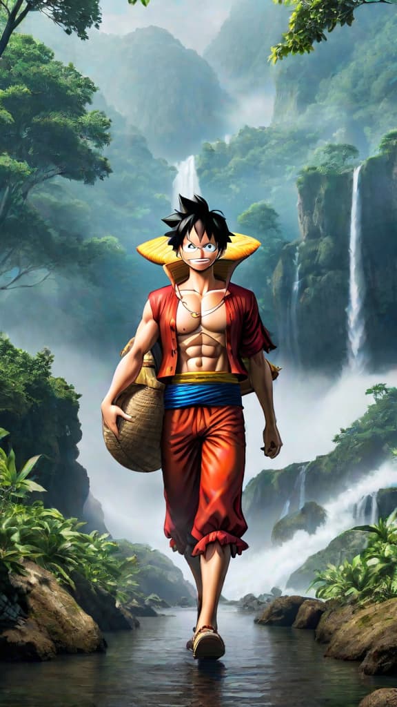  anime art: luffy's gomu gomu no mi unveiling hidden powers, hinting at mysterious origins and potential. hyperrealistic, full body, detailed clothing, highly detailed, cinematic lighting, stunningly beautiful, intricate, sharp focus, f/1. 8, 85mm, (centered image composition), (professionally color graded), ((bright soft diffused light)), volumetric fog, trending on instagram, trending on tumblr, HDR 4K, 8K