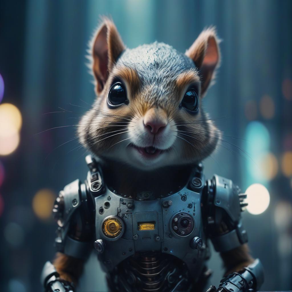  cinematic film still cyberpunk, gothic, rococo, robot squirrel. . shallow depth of field, vignette, highly detailed, high budget, bokeh, cinemascope, moody, epic, gorgeous, film grain, grainy