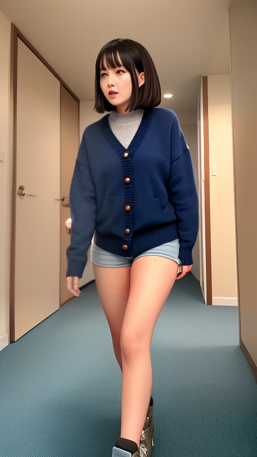  Room V sweater with dark blue-green buttons Brown hair semi-straight long woman Running away