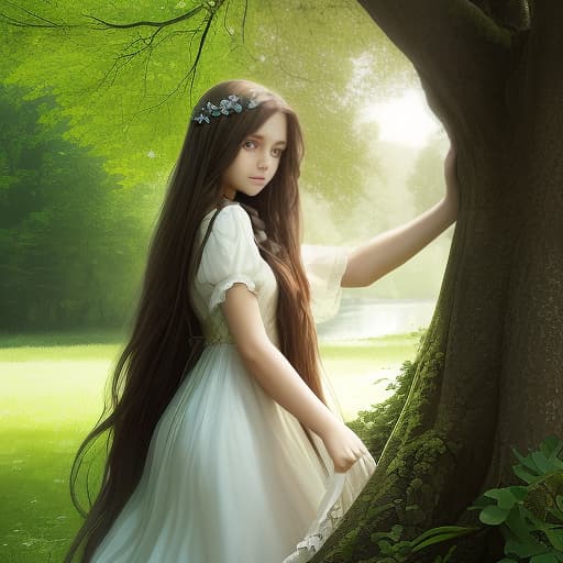  a girl with long hair, in a beautiful, summer, flowing dress, leans against a tree and looks at a photo