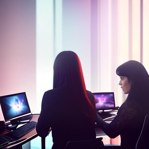  One man and two girls around the computer. hyperrealistic, full body, detailed clothing, highly detailed, cinematic lighting, stunningly beautiful, intricate, sharp focus, f/1. 8, 85mm, (centered image composition), (professionally color graded), ((bright soft diffused light)), volumetric fog, trending on instagram, trending on tumblr, HDR 4K, 8K