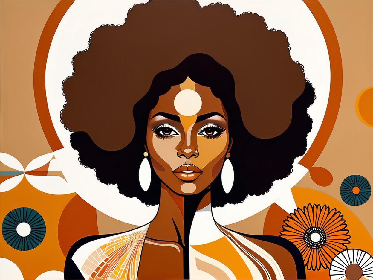  minimalism, a beautiful african woman with brown skin. with an afro. she wears a flowy 70s outfit. a retro brown 70s flower design is in the background. a minimalist painting, abstract, simple geometic shapes, hard edges, sleek contours, minimalism