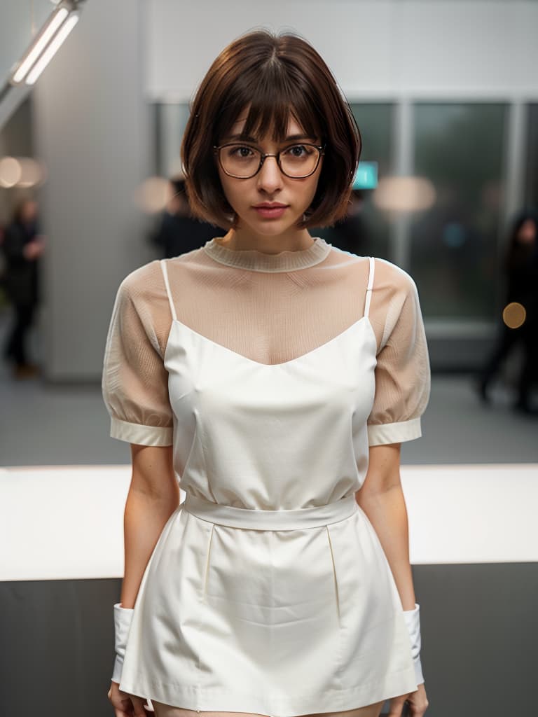  glasses, thin eyes, women, one, brown hair, bangs, very short hair, clothes, masterpiece, best quality,8k,ultra detailed,high resolution,an extremely delicate and beautiful,hyper detail hyperrealistic, full body, detailed clothing, highly detailed, cinematic lighting, stunningly beautiful, intricate, sharp focus, f/1. 8, 85mm, (centered image composition), (professionally color graded), ((bright soft diffused light)), volumetric fog, trending on instagram, trending on tumblr, HDR 4K, 8K