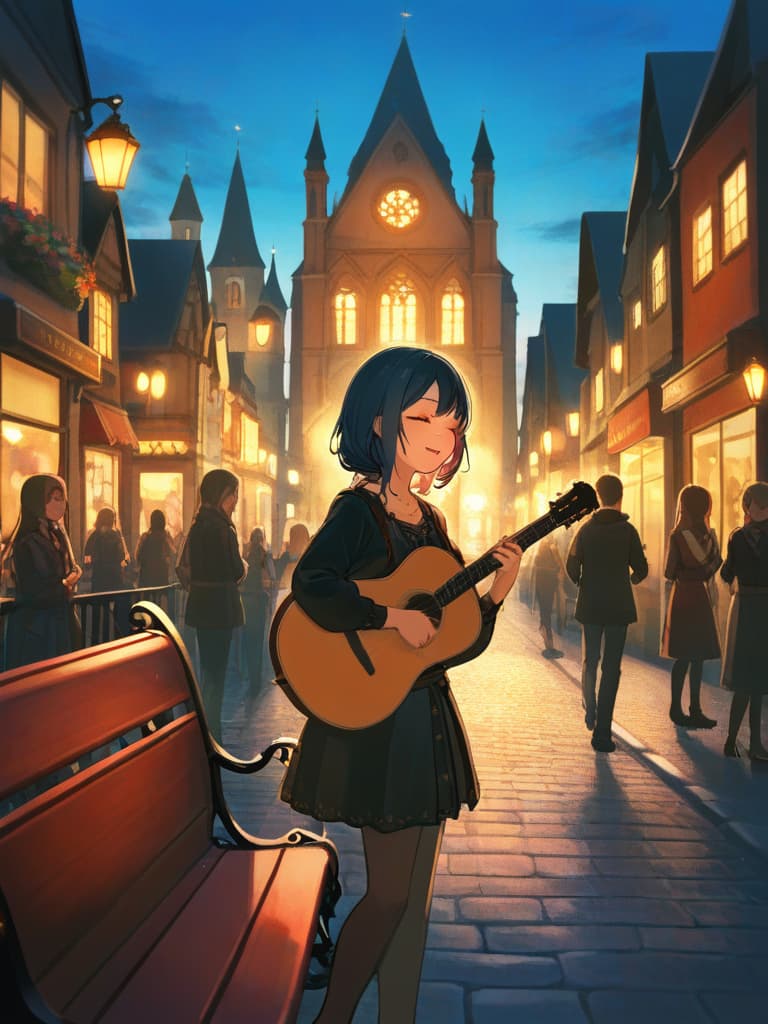  woman,long hair,bards,dress,fantasy,town,bright atmosphere,sit on a bench,lively,holding the lute,singing,eyes closed,calm expression,spectators all around,evening,european style,bustling city