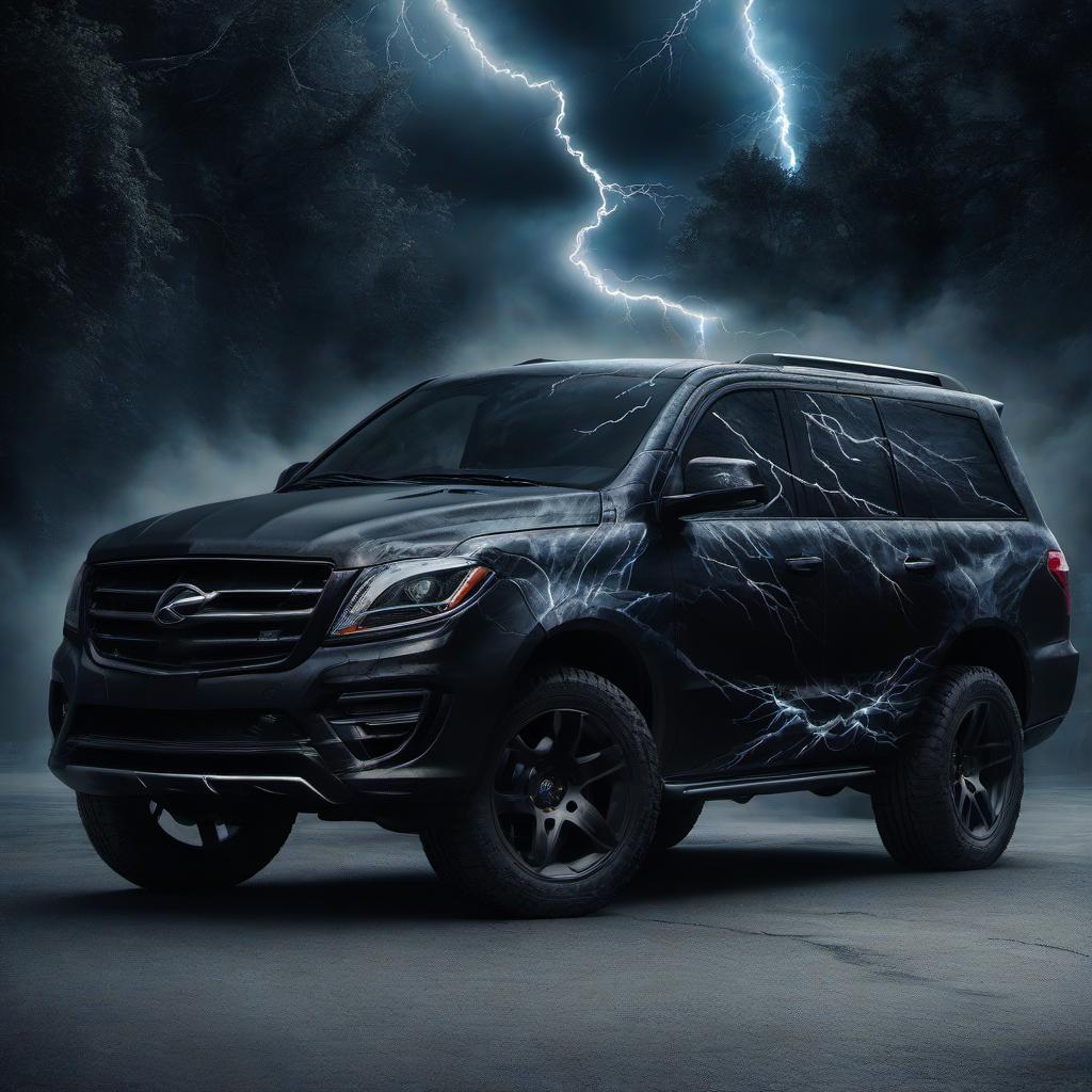  brutal large black suv with airbrush, the image of branching lightning on the side doors, aerography dynamically