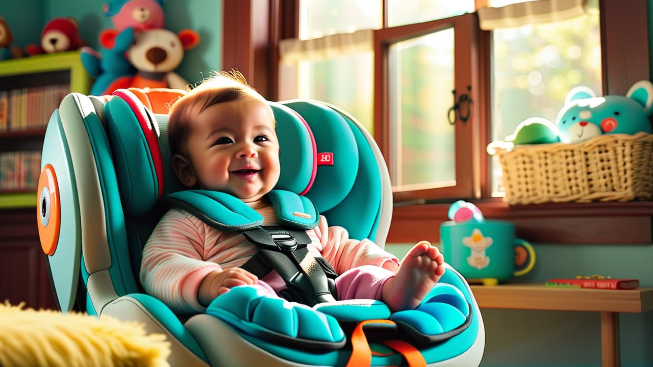  a cozy nursery scene showcasing a modern convertible car seat, a smiling in, vint gear reviews scattered around, soft pastel colors, and warm sunlight filtering through a window, creating a welcoming atmosphere. hyperrealistic, full body, detailed clothing, highly detailed, cinematic lighting, stunningly beautiful, intricate, sharp focus, f/1. 8, 85mm, (centered image composition), (professionally color graded), ((bright soft diffused light)), volumetric fog, trending on instagram, trending on tumblr, HDR 4K, 8K