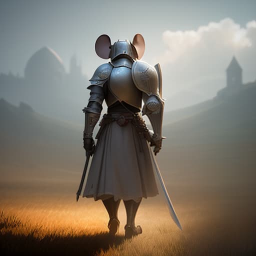  mouse traveler knight with sword and shield walks through the field, by andrew mccarthy, navaneeth unnikrishnan, manuel dietrich, photo realistic, 8 k, cinematic lighting, hd, atmospheric, hyperdetailed, trending on artstation, deviantart, photography, glow effect