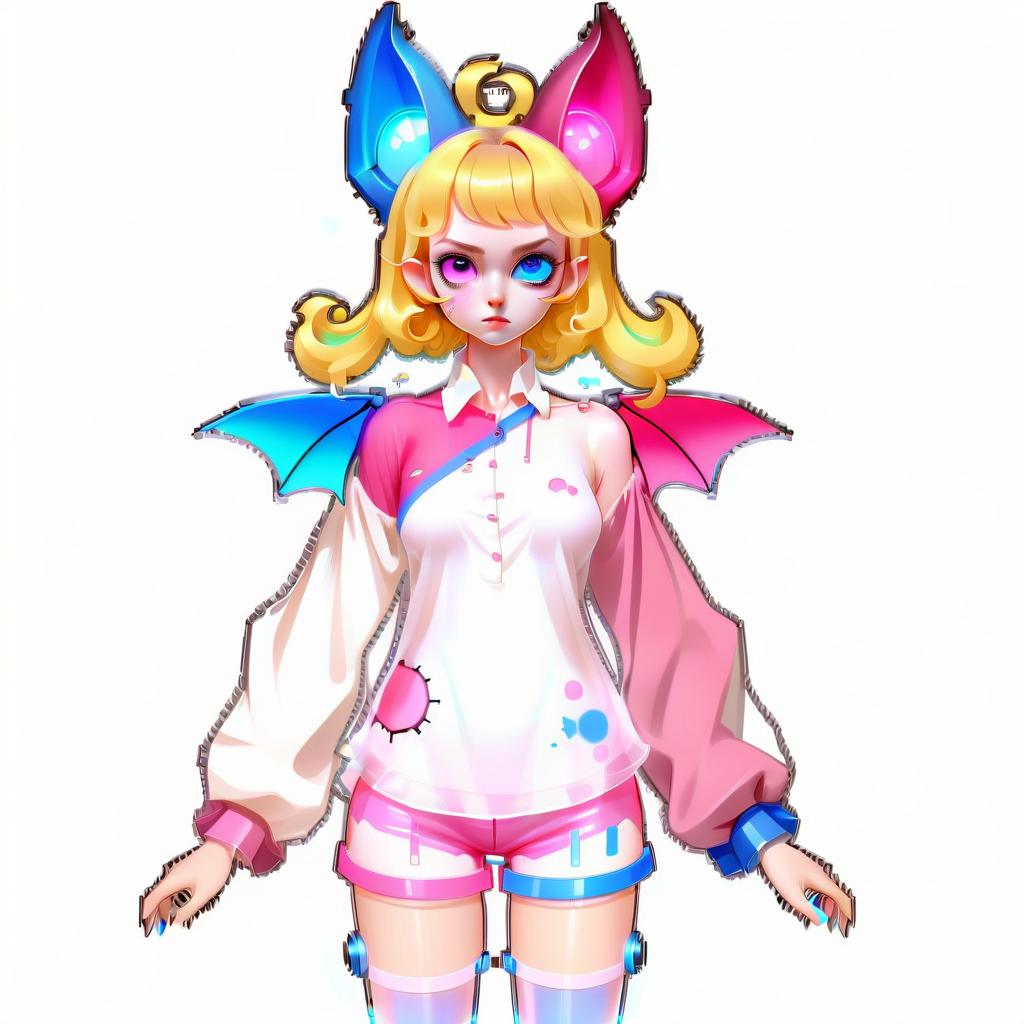  beautiful, 1 girl, bat, robot arm, robot leg, dressed in a transparent blouse, wearing shorts, heterochromia of eyes, eye blue, eye pink, ears of different colors, ear blue, ear pink, super body detail, eye detail, full height, background field. hair color yellow blonde, hairstyle curls, ears fuffy.