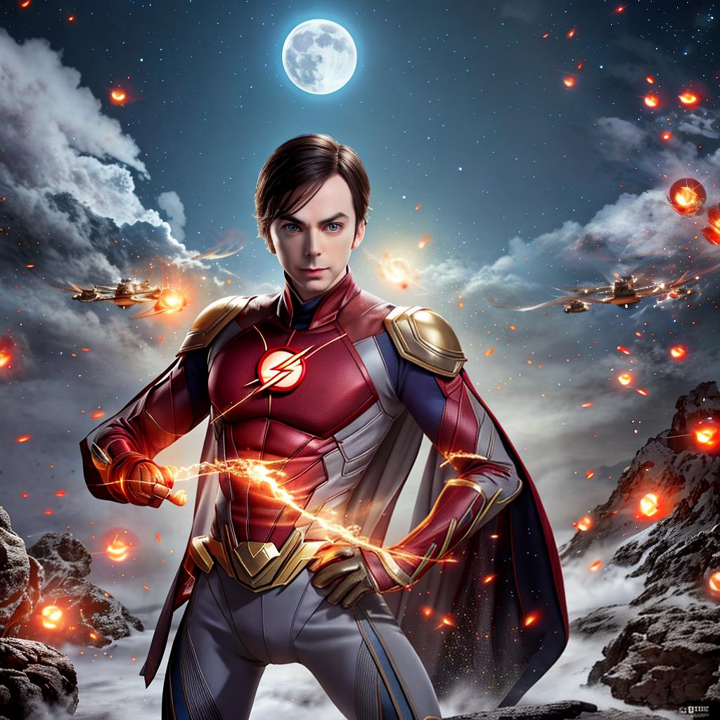  sheldon cooper from the tv series 'the big bang theory' in the flash costume, the moon, an alien ship hyperrealistic, full body, detailed clothing, highly detailed, cinematic lighting, stunningly beautiful, intricate, sharp focus, f/1. 8, 85mm, (centered image composition), (professionally color graded), ((bright soft diffused light)), volumetric fog, trending on instagram, trending on tumblr, HDR 4K, 8K