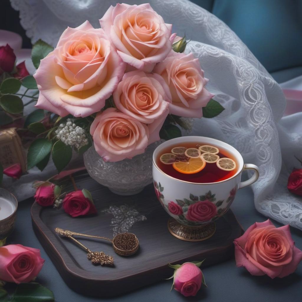  A cup of tea and a bouquet of roses hyperrealistic, full body, detailed clothing, highly detailed, cinematic lighting, stunningly beautiful, intricate, sharp focus, f/1. 8, 85mm, (centered image composition), (professionally color graded), ((bright soft diffused light)), volumetric fog, trending on instagram, trending on tumblr, HDR 4K, 8K