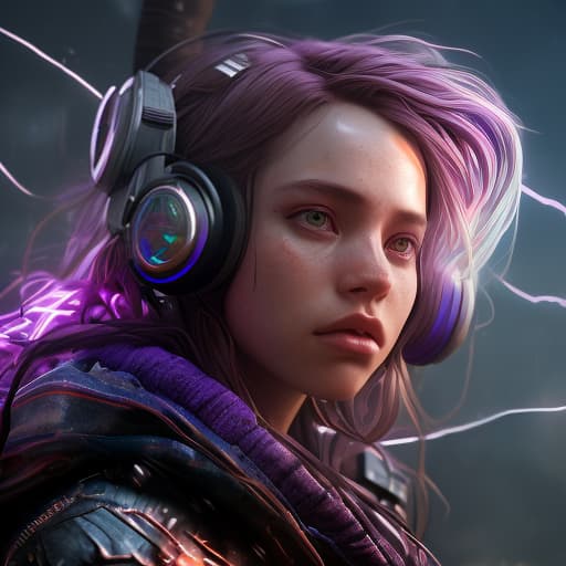  a close up of a person with headphones on, glowwave girl portrait, android jones and atey ghailan, dramatic purple thunders, amazing lightning art, kintsukuroi, beautiful necromancer girl, cute! c4d, electrifying, by eva gonzalès, ( ( ( colorful ) ) ), exquisite lightning, shot 35 mm, realism, octane render, 8k, trending on artstation, 35 mm camera, unreal engine, hyper detailed, photo realistic maximum detail, volumetric light, realistic matte painting, hyper photorealistic, trending on artstation, ultra detailed, realistic