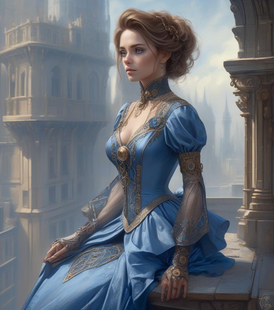  close up, woman, blue dress, perched on ledge, digital painting by david roberts, fantasy art, portrait, steampunk influence, intricate details, high quality digital render.