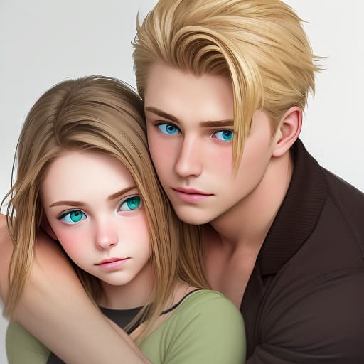  guy, swollen, blond hair, green eyes, hugging a girl with brown hair.