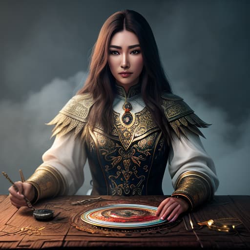  A Kazakh , a painted , lies on a mage table, age 20, large s, full growth. hyperrealistic, full body, detailed clothing, highly detailed, cinematic lighting, stunningly beautiful, intricate, sharp focus, f/1. 8, 85mm, (centered image composition), (professionally color graded), ((bright soft diffused light)), volumetric fog, trending on instagram, trending on tumblr, HDR 4K, 8K