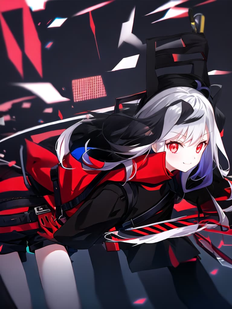  1girl, city, white ponytail hair, black padded coat, black shorts, glowing red eyes, a relaxed smile, got a sword in waist.