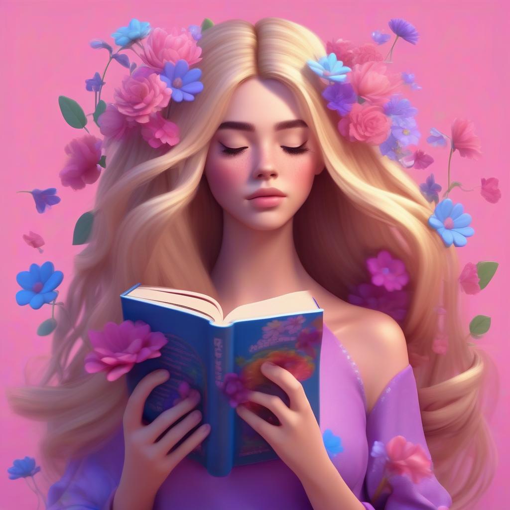  art of fantasy girl with flowers inside her head like her thoughts and growing from her long very thick blondy hair, hair fluttering in the wind with a book with flowers in her hands, covering a half of her face she covers her face with a book pink and blue and purple colors on the background cartoon style 3d, hq, 4k for modern mobile app