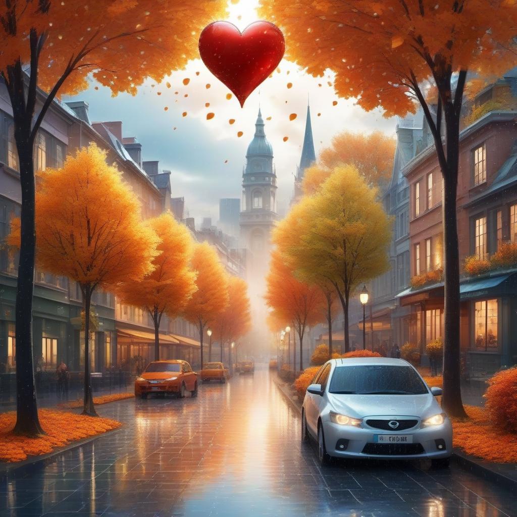  A "heart " of raindrops on the background of an autumn city, a bright dynamic picture in the style of a kortoon