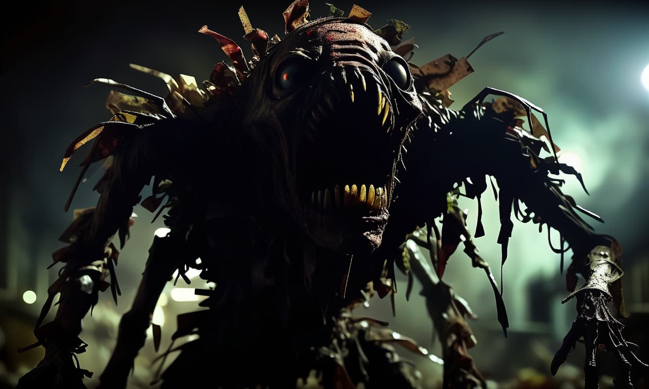  a terrifying creature made up of rubbish and rot, with eyes gleaming in the darkness and long teeth. the silhouette is blurred. it looks scary and threatening.