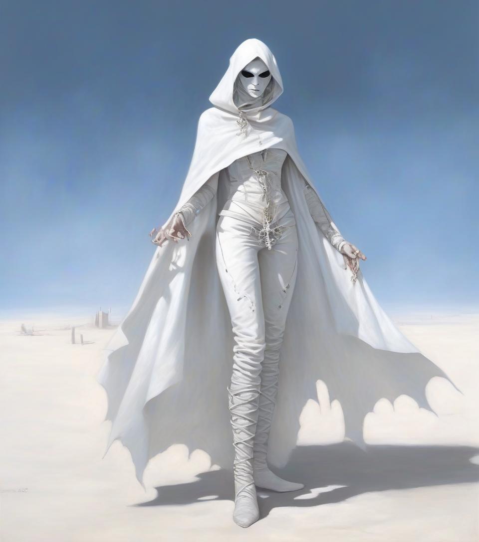  macabre style dark fantasy. a very thin girl elf thief fighter with white alabaster skin, in a white mask, in a leather white open corset, in leather pants, in white wrists, in an openwork cloak in a large hole. white cross amulet around the neck. . dark, gothic, grim, haunting, highly detailed, hkmagic, oil painting