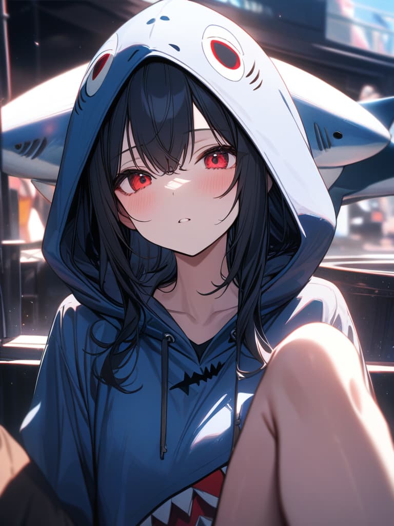  black hair, red eye, bob, black mask, shark hoodies, masks are lowered under the chin, sharksparker, shark hoodie, masterpiece, best quality,8k,ultra detailed,high resolution,an extremely delicate and beautiful,hyper detail