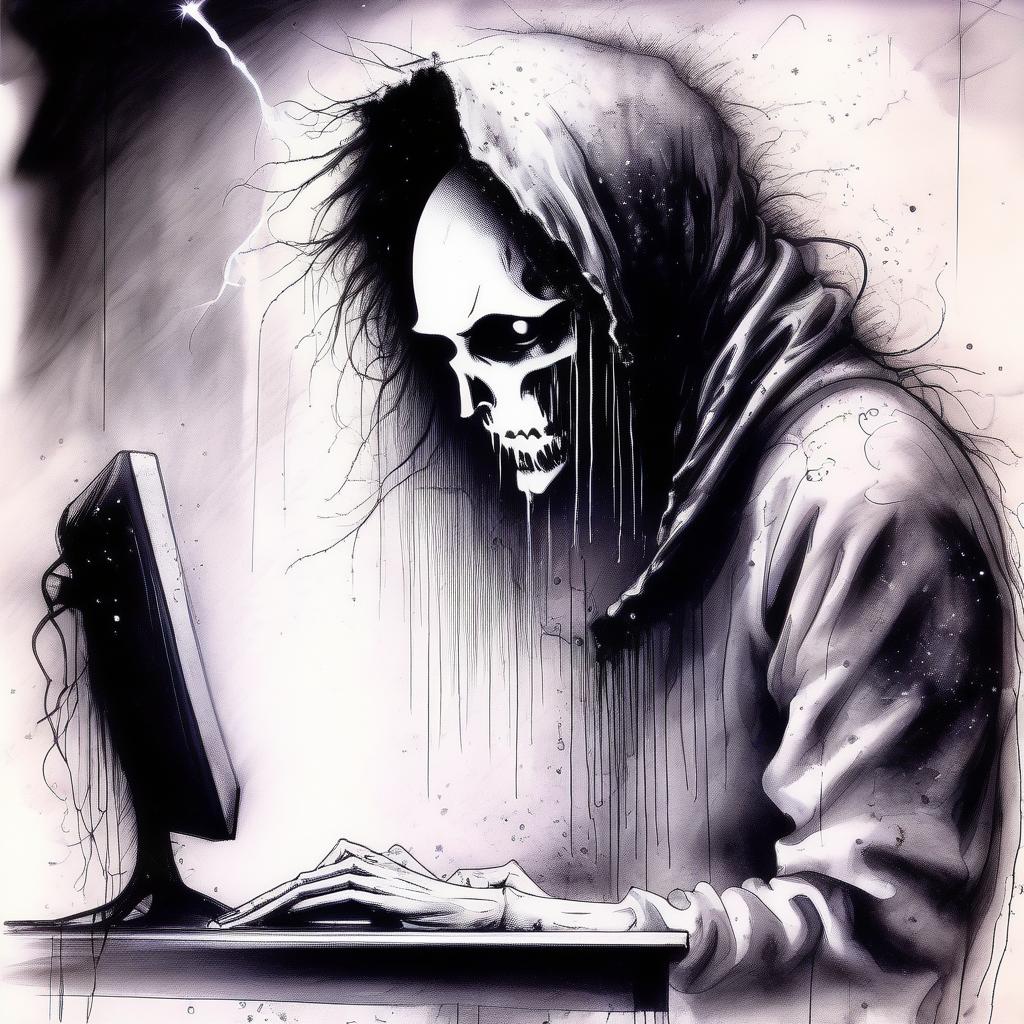  (ink sketch:1.2), (art by stephen gammell:1.4), of a dark ofice, man working at the computer, hacker in a jacket with a hood, beautiful mysterious clouds, in a magical world, illuminated by a silvery glow. on a dark background of complex texture: stars, silver dust, abstract electric sparks, neon flashes and mystical glow. high contrast of the drawing and background. surrealism, fantasy with elements of modernity. high detail, high quality, 8k