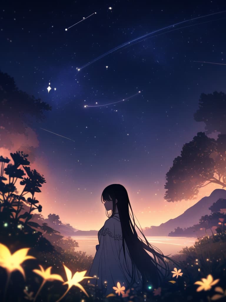  master parts, gorgeous, landscape, (((no huma no s))), night, flower, garden, starry sky, constellation, stunning, vista, water, warm, cozy, peaceful, peace ne, meteor, cosmic, magic, magic, detail, fair, ((firefly)) ,,,, (simple dress, black hair, very long hair, women back view ... looking forward), ... one rabbit, animal rabbit, ... susuki, susuki field